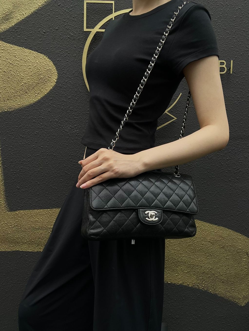 CHANEL Classic Flap Matelasse Caviar Leather Shoulder Bag Black Silver Hardware
