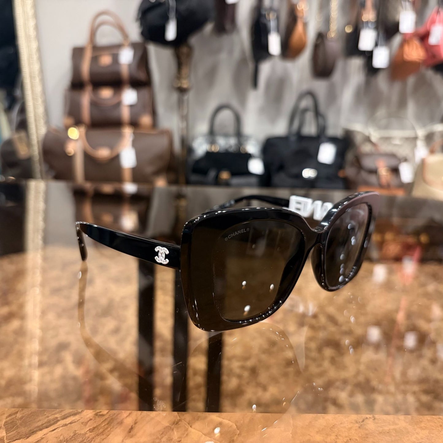 CHANEL Black Resin Sunglasses With Original Box And Case
