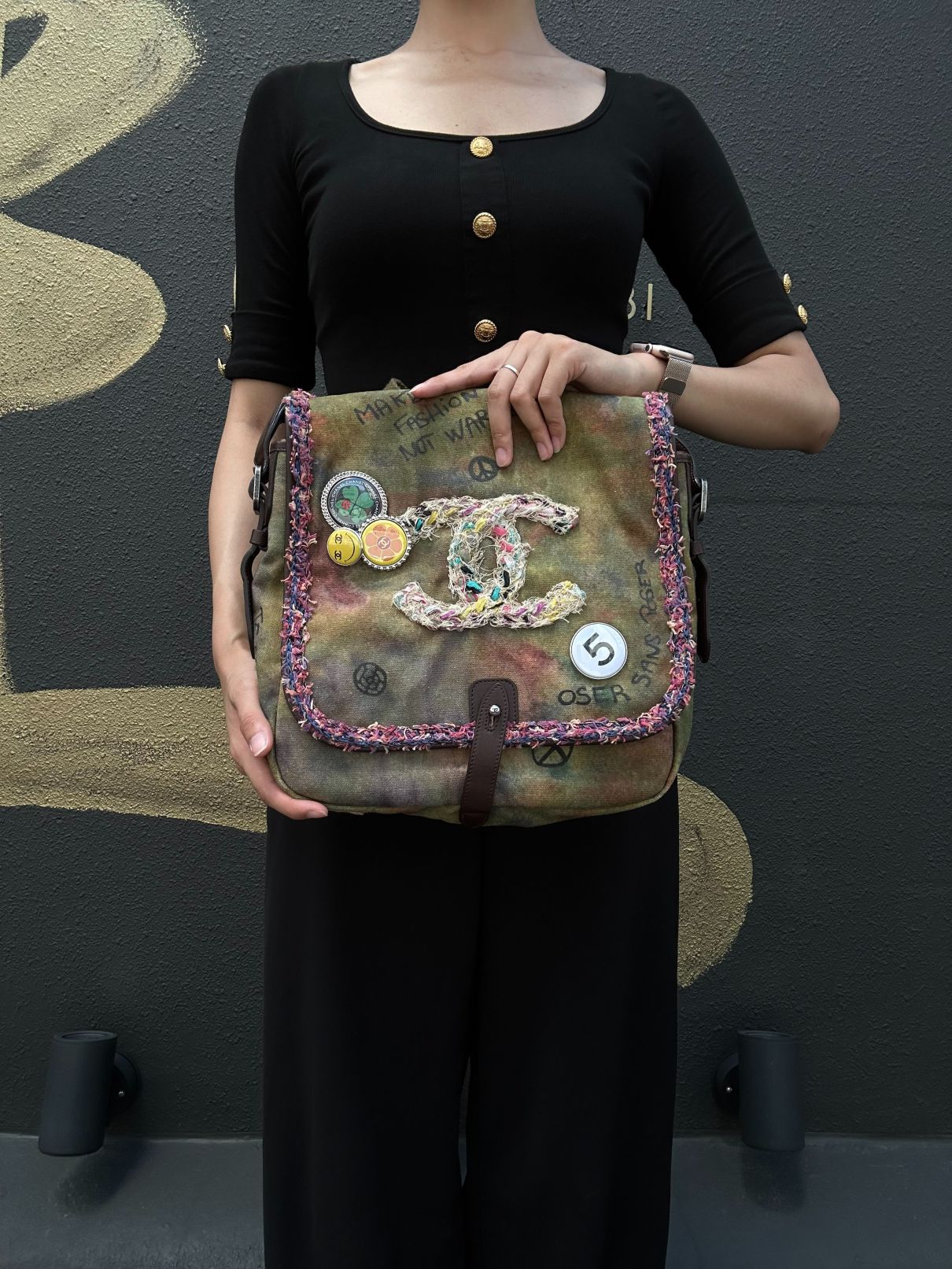CHANEL Limited Edition Tie-dye Canvas Embroidered Flap Shoulder Bag Khaki