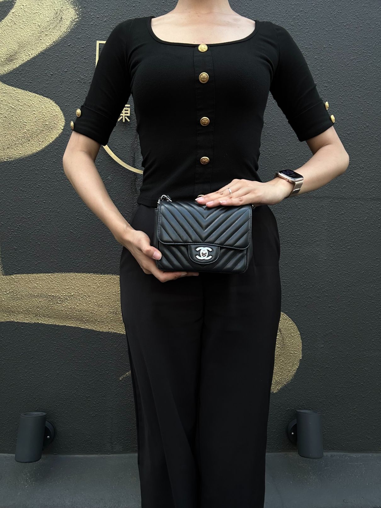 CHANEL Chevron V-stitch Lambskin Flap Shoulder Bag Black Silver Hardware