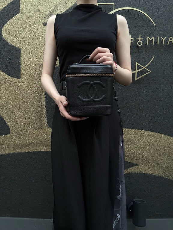 CHANEL Embossed CC Coco Logo Caviar Leather Vanity Bag Black Gold Hardware