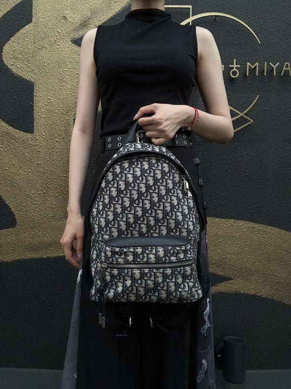 DIOR Oblique Monogram Canvas Backpack Blue BeigeSilver Hardware