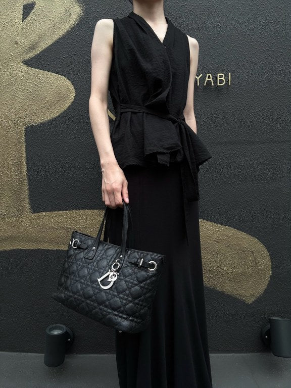 DIOR Panarea Mini Quilted Canvas Tote Bag leather Black Silver Hardware