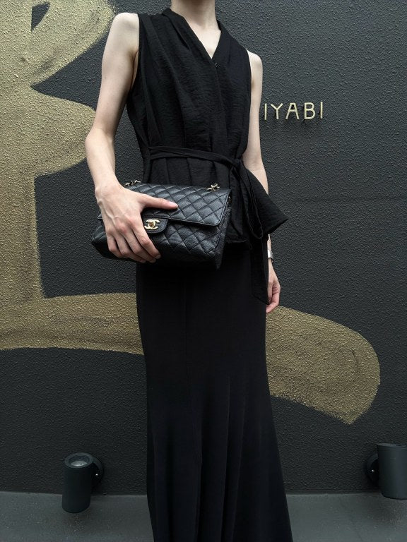 CHANEL Classic Matelasse Black Caviar Leather CF Flap Shoulder Bag With Gold Hardware
