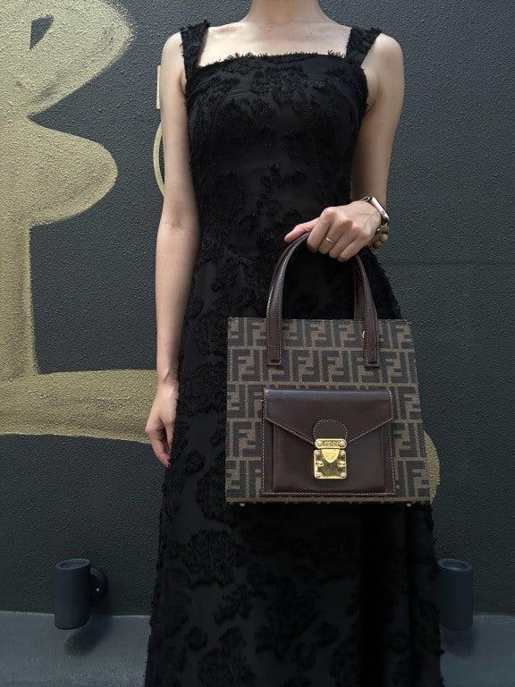 ENDI Zucca Canvas Brown Tote Shoulder Bag With Gold Hardware