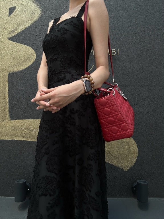 DIOR Lady Dior Cannage Red Lambskin Leather 5-grid Handle Handbag With Silver Hardware