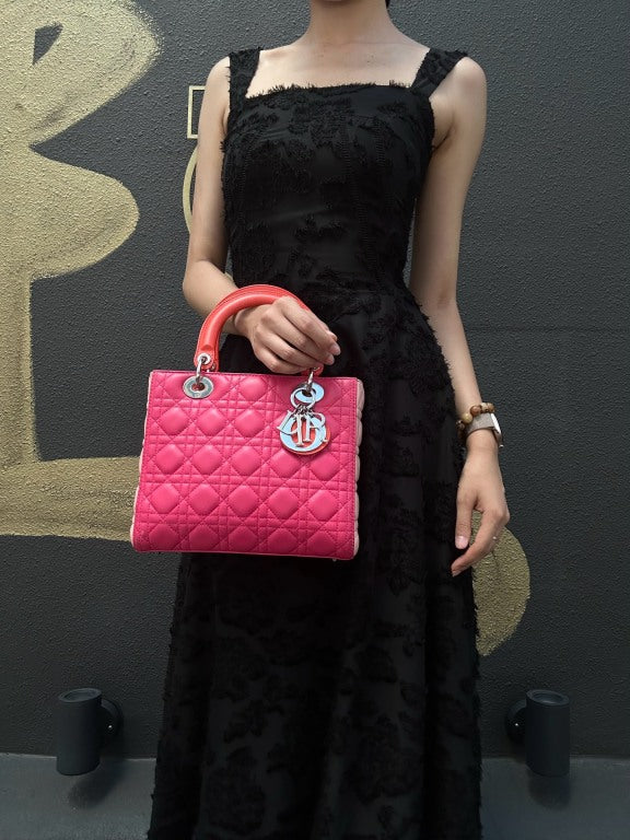 DIOR Lady Dior Cannage Pink Lambskin Leather 5-grid Handle Handbag With Silver Hardware