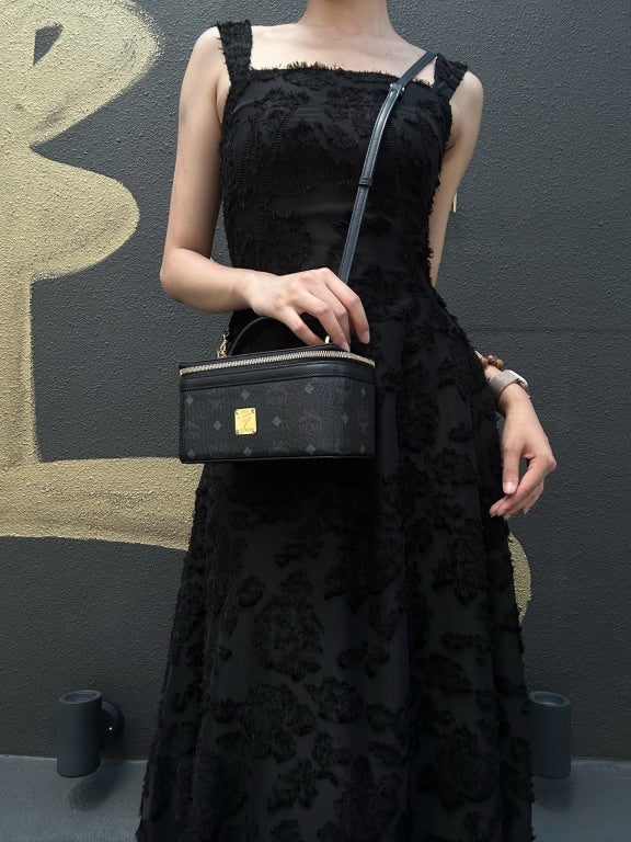 MCM Visetos Canvas Black PVC Vanity Case Handbag With Gold Hardware