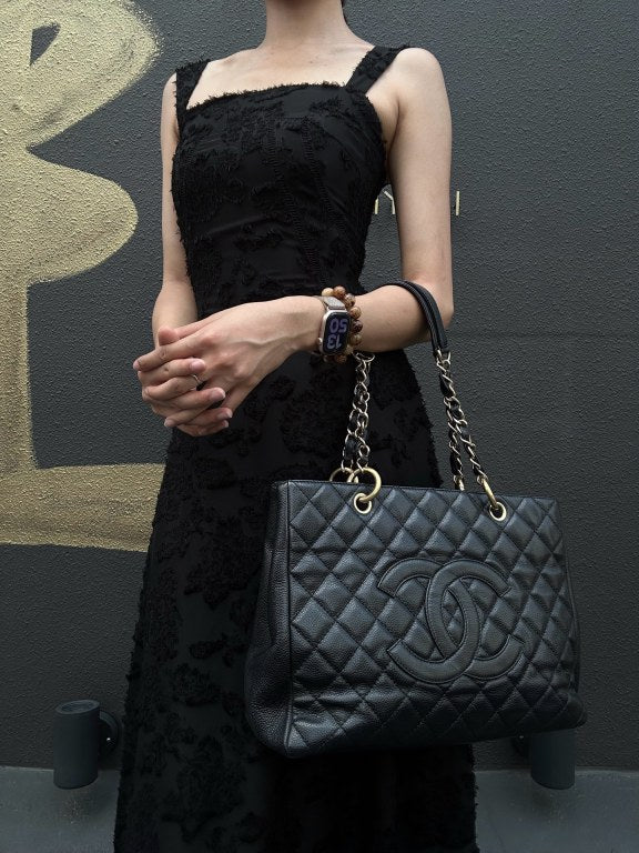 CHANEL Matelasse Black Caviar Leather GST Tote Shoulder Bag With Gold Hardware
