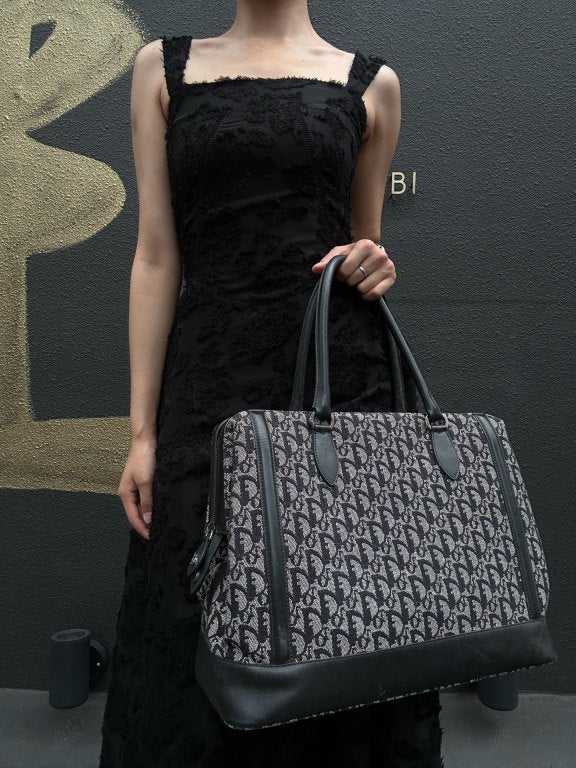 DIOR Vintage Trotter Oblique Navy Monogram Canvas Large Capacity Commuter Tote Briefcase Handbag