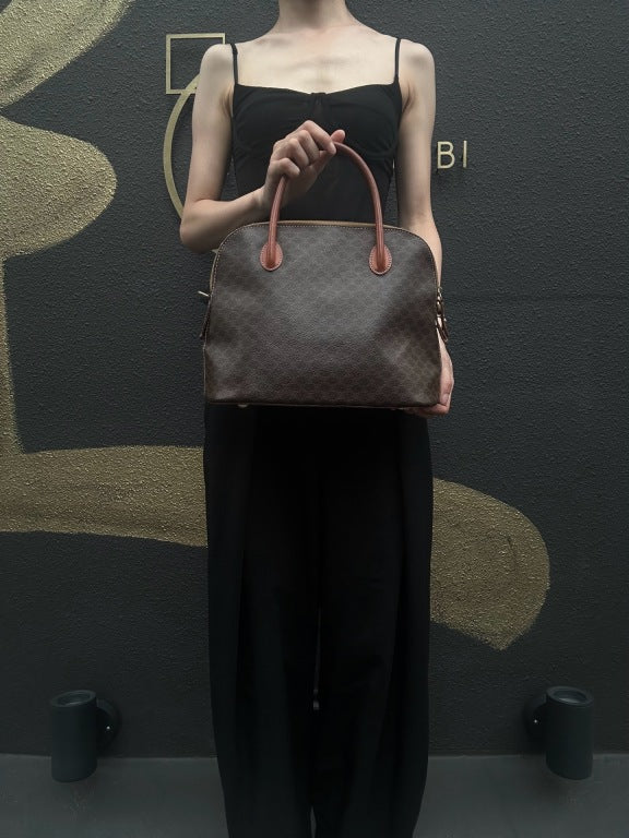 CELINE Macadam Monogram Dome Handbag Brown Canvas Tan Leather Handle Gold Hardware Vintage Classic Casual Work Bag