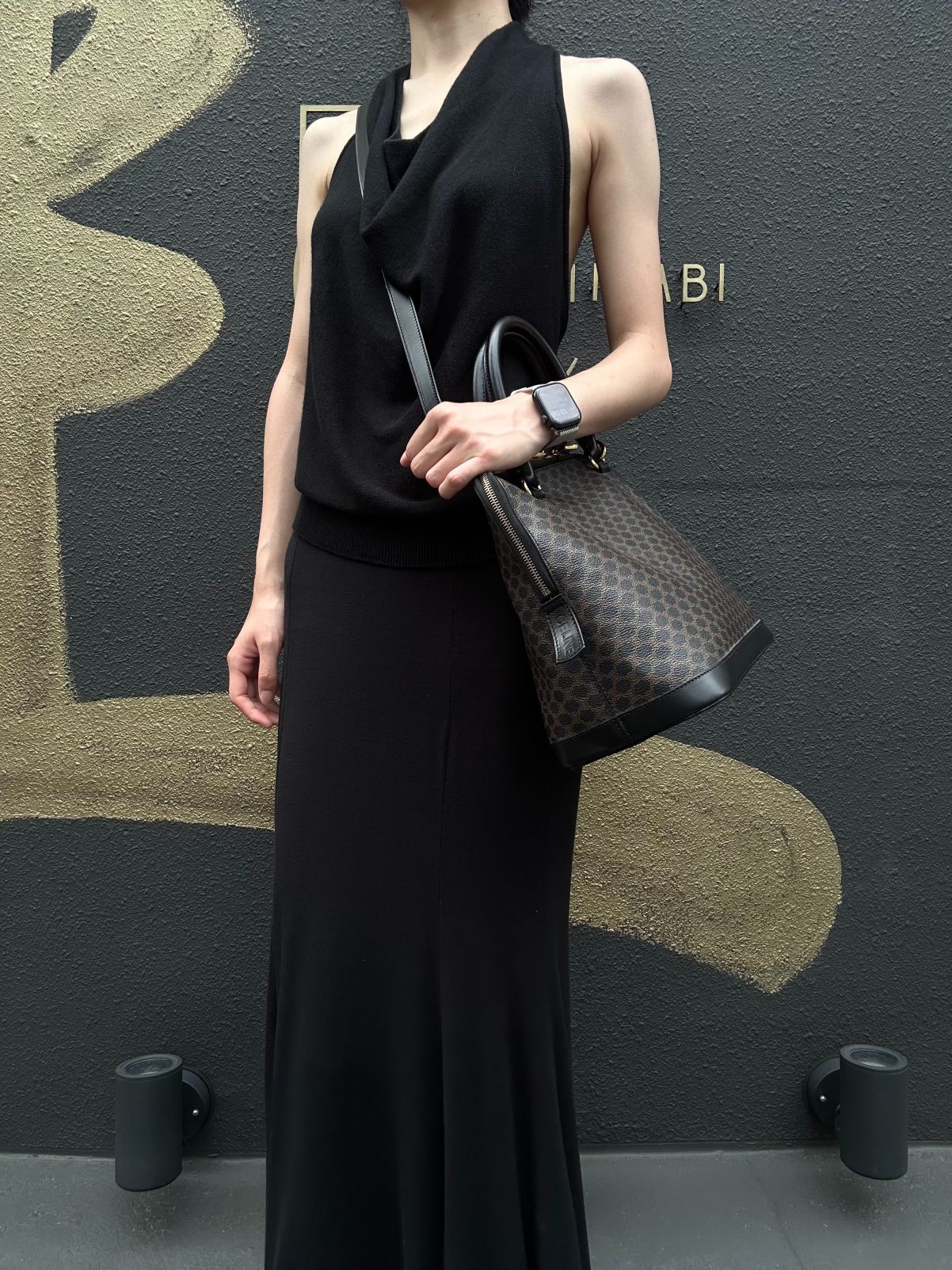 CELINE Macadam Monogram Handbag Brown Canvas Black Leather Trim Gold Hardware Vintage Classic Work Bag