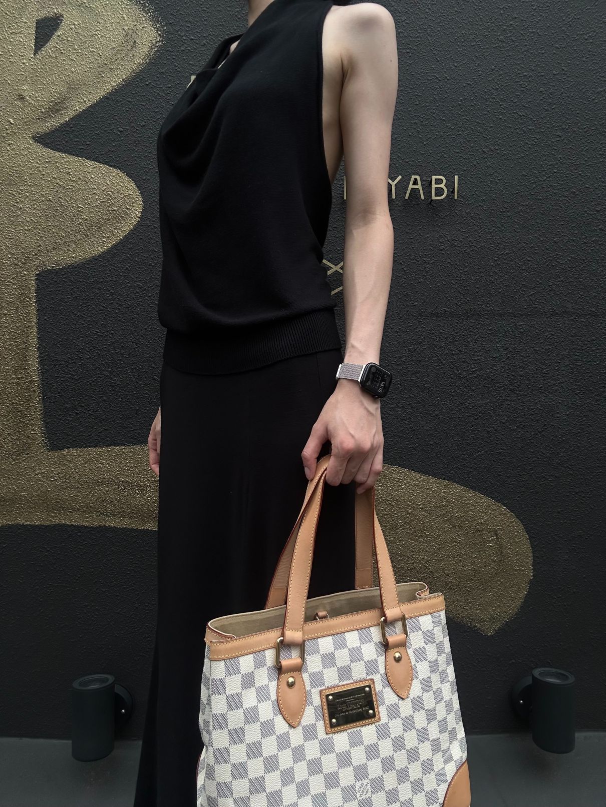 LOUIS VUITTON Damier Azur Hampstead Tote Bag Canvas Cowhide White Gold Hardware