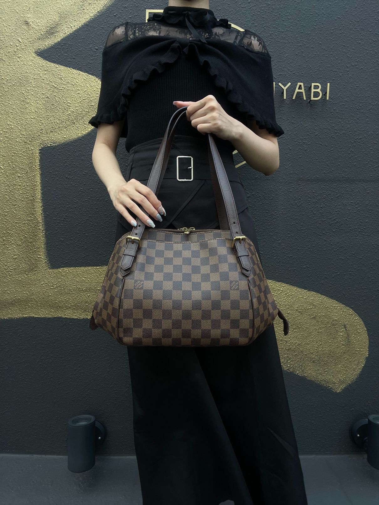 LOUIS VUITTON Damier Ebene Belem Handbag Brown Checkerboard Canvas Leather Shoulder Strap Gold Hardware Spacious Classic Daily Work Bag