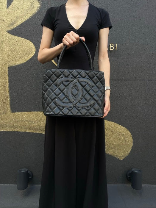 CHANEL Black Caviar Leather Hilton Vintage Reproduction Tote Handbag With Silver Hardware, Comes With Original Dust Bag