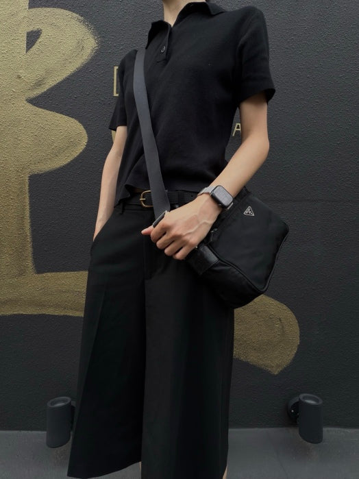 PRADA Nylon Triangle Logo Messenger Shoulder Bag Black Tessuto Nylon Saffiano Leather Trim Silver Hardware Front Pocket Spacious Unisex Casual Commute Classic Design