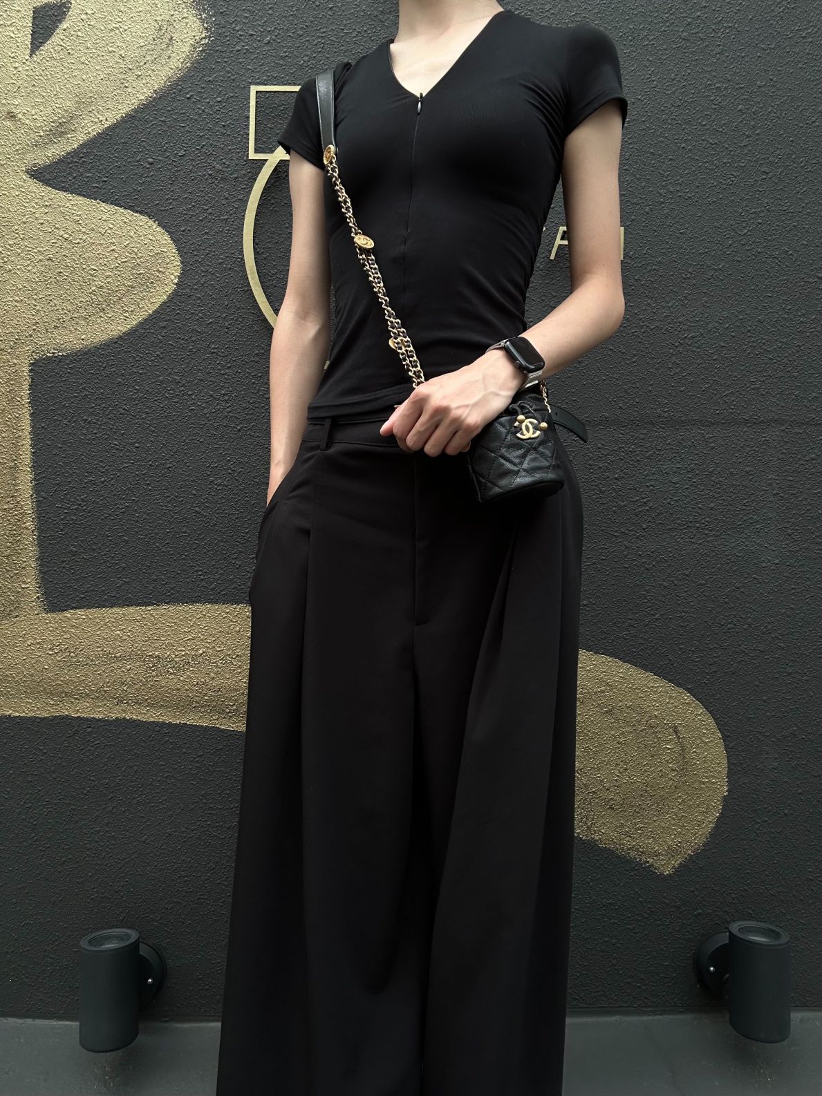 CHANEL Mini Coin Bucket Shoulder Bag Caviar Leather Black Vintage Gold Hardware