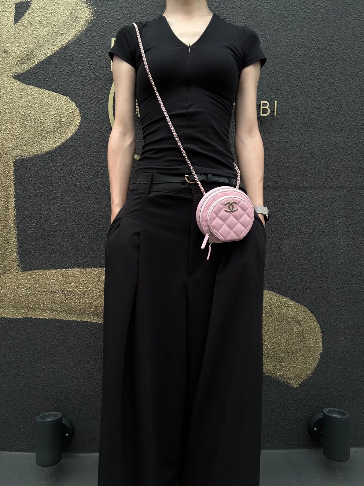 CHANEL Round Coin Matelasse Shoulder Bag Caviar Leather Pink Gold Hardware