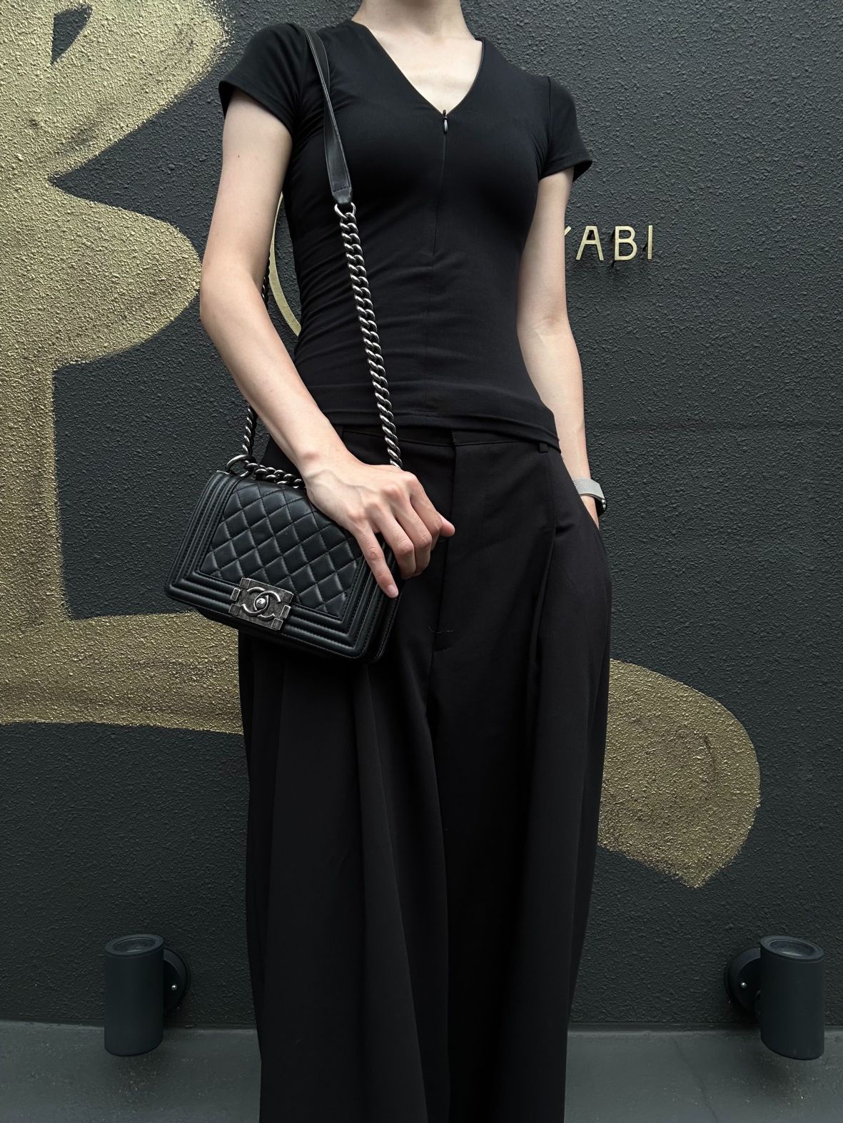 CHANEL Boy Matelasse Shoulder Bag Lambskin Black Silver Hardware