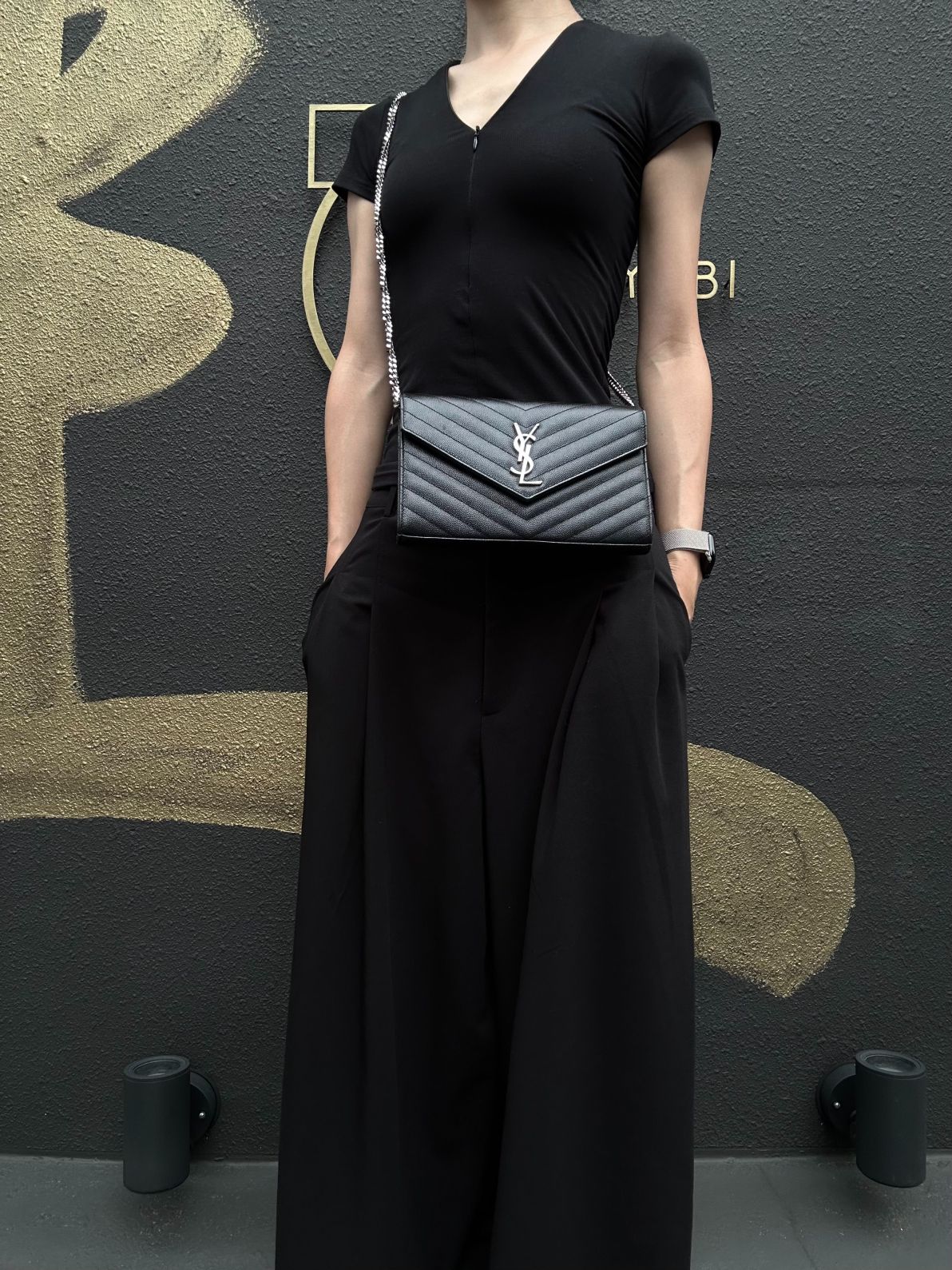 YSL Saint Laurent Cassandra Black Calfskin Leather Envelope Flap Shoulder Crossbody Bag, Polished Silver Brand Logo Hardware