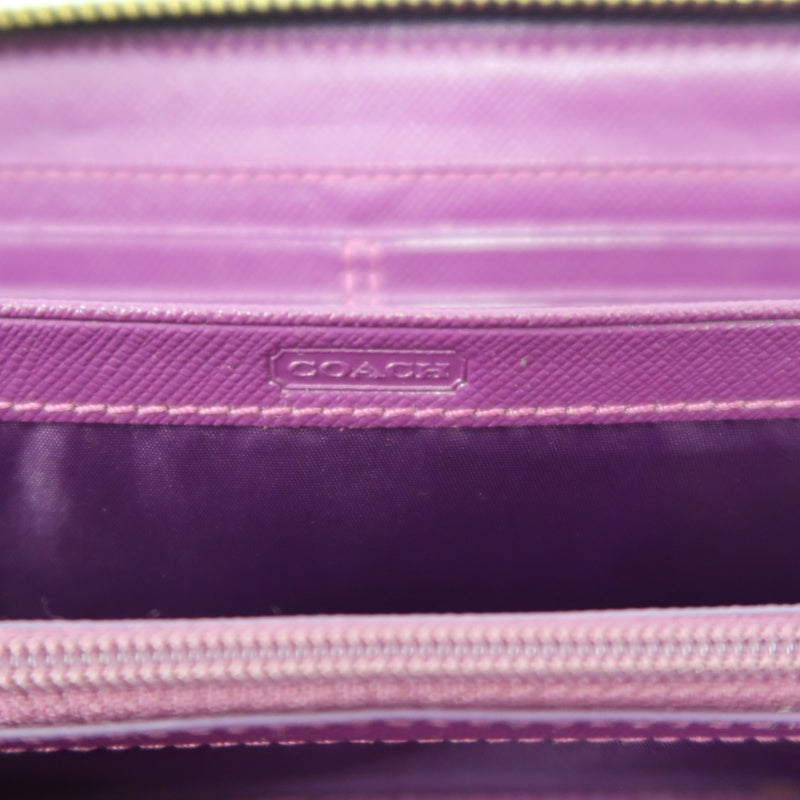 COACH Signature Embossed Patent Leather Zip Around Long Wallet Purple Gold Heart Charm Hardware