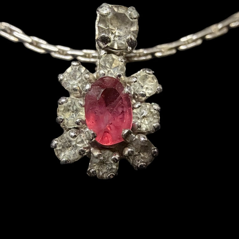 DIOR Ruby Central Stone Surrounding Crystal Pendant Necklace Silver Tone Hardware