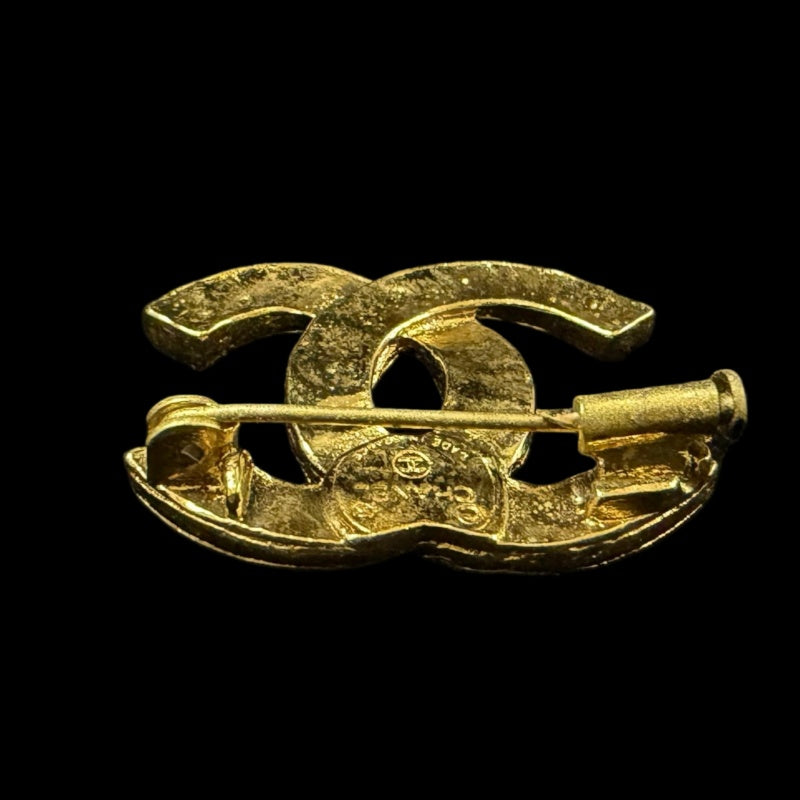 CHANEL Classic CC Logo Crystal Brooch Gold Tone Hardware