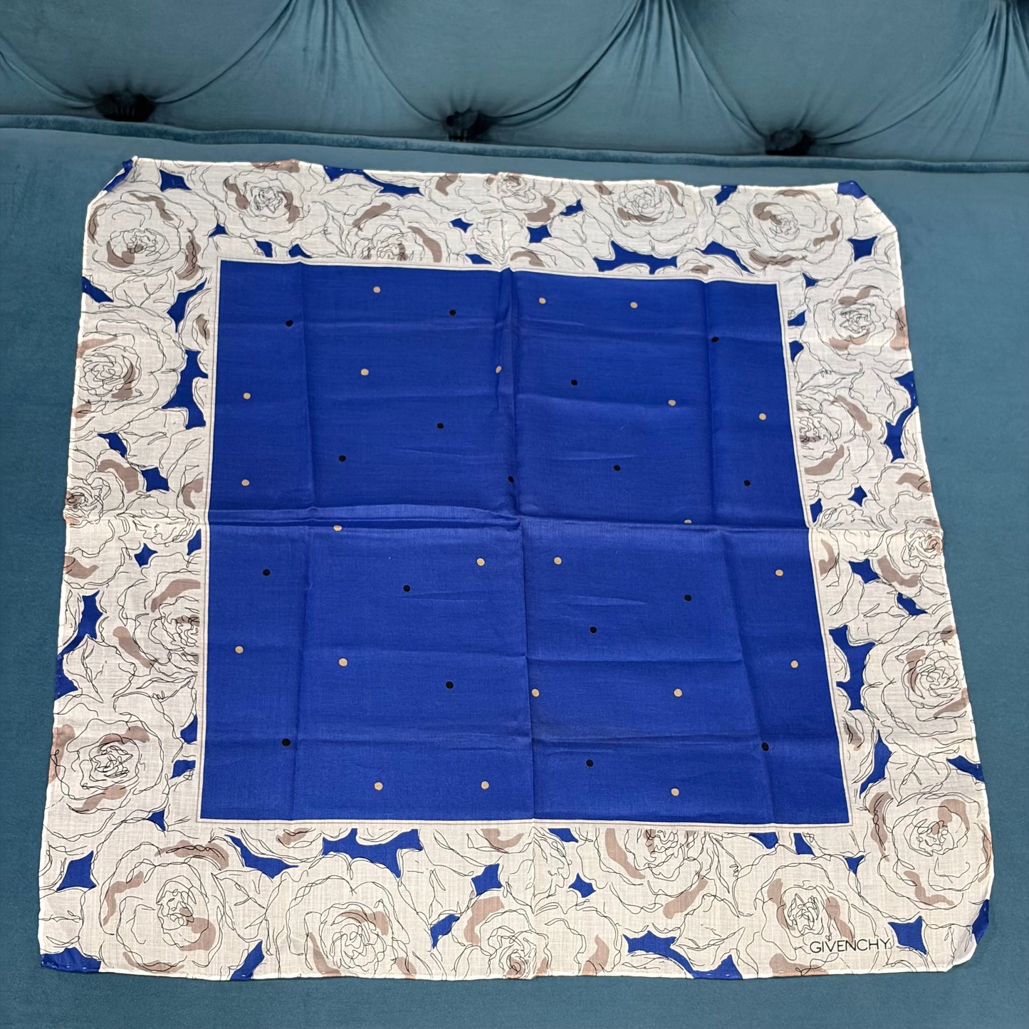 GIVENCHY Rose Print Polka Dot Cotton Handkerchief White/Blue