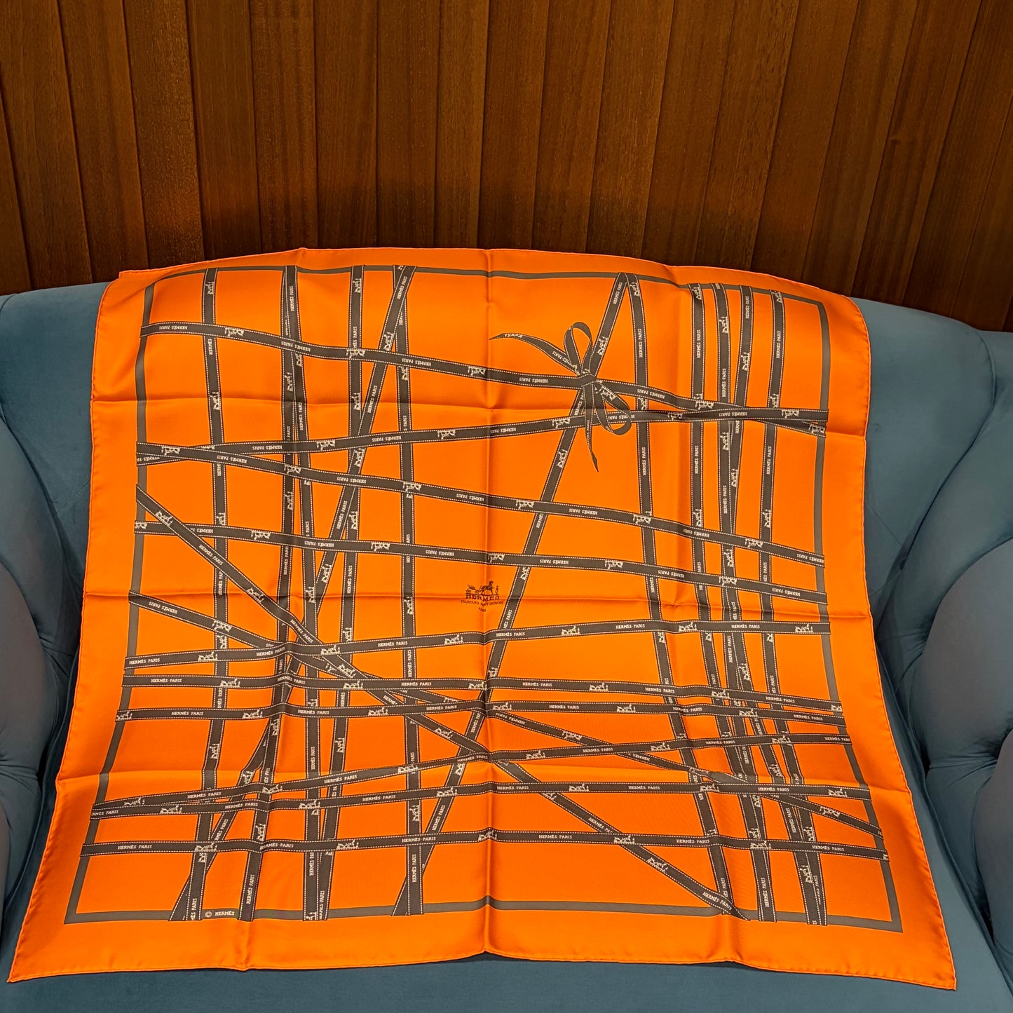 HERMES Paris Carré 90 Bolduc Ribbon Bow Print 100% Pure Silk Scarf Iconic Brand Orange Background Modern Minimalist Design Full Set Original Gift Box Timeless Luxury Accessory
