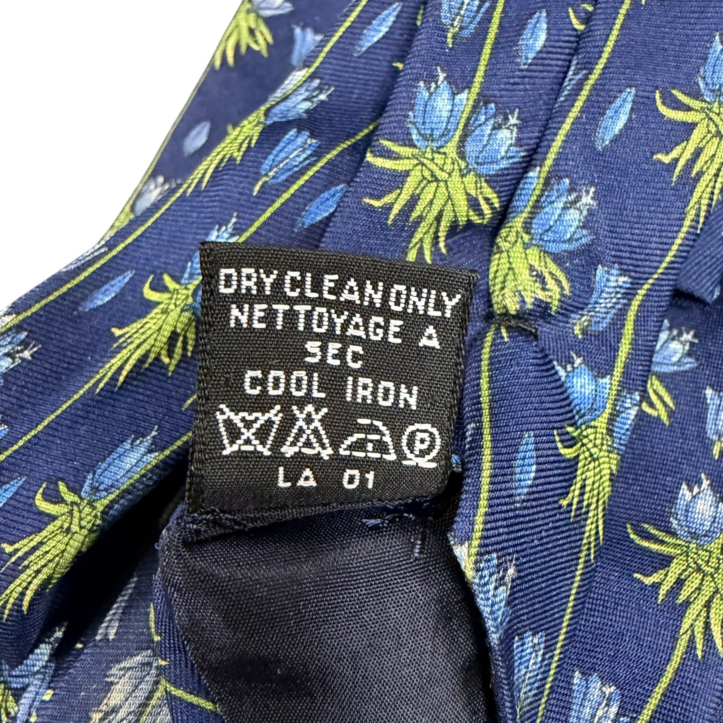 YSL Floral Print Silk Tie Navy Blue