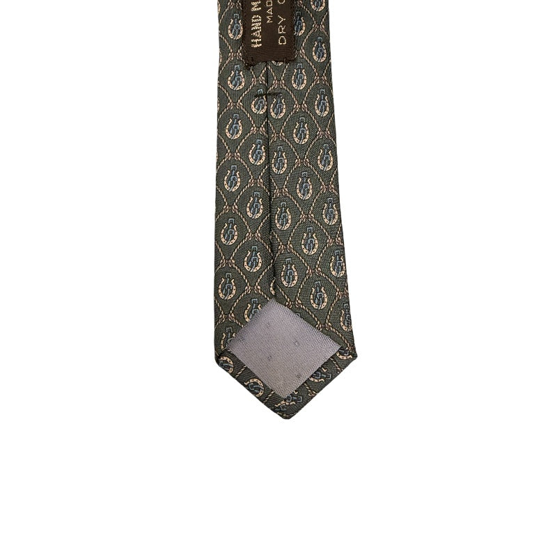 CELINE Silk Tie, Dark Green Base with Carriage Logo All-over Pattern