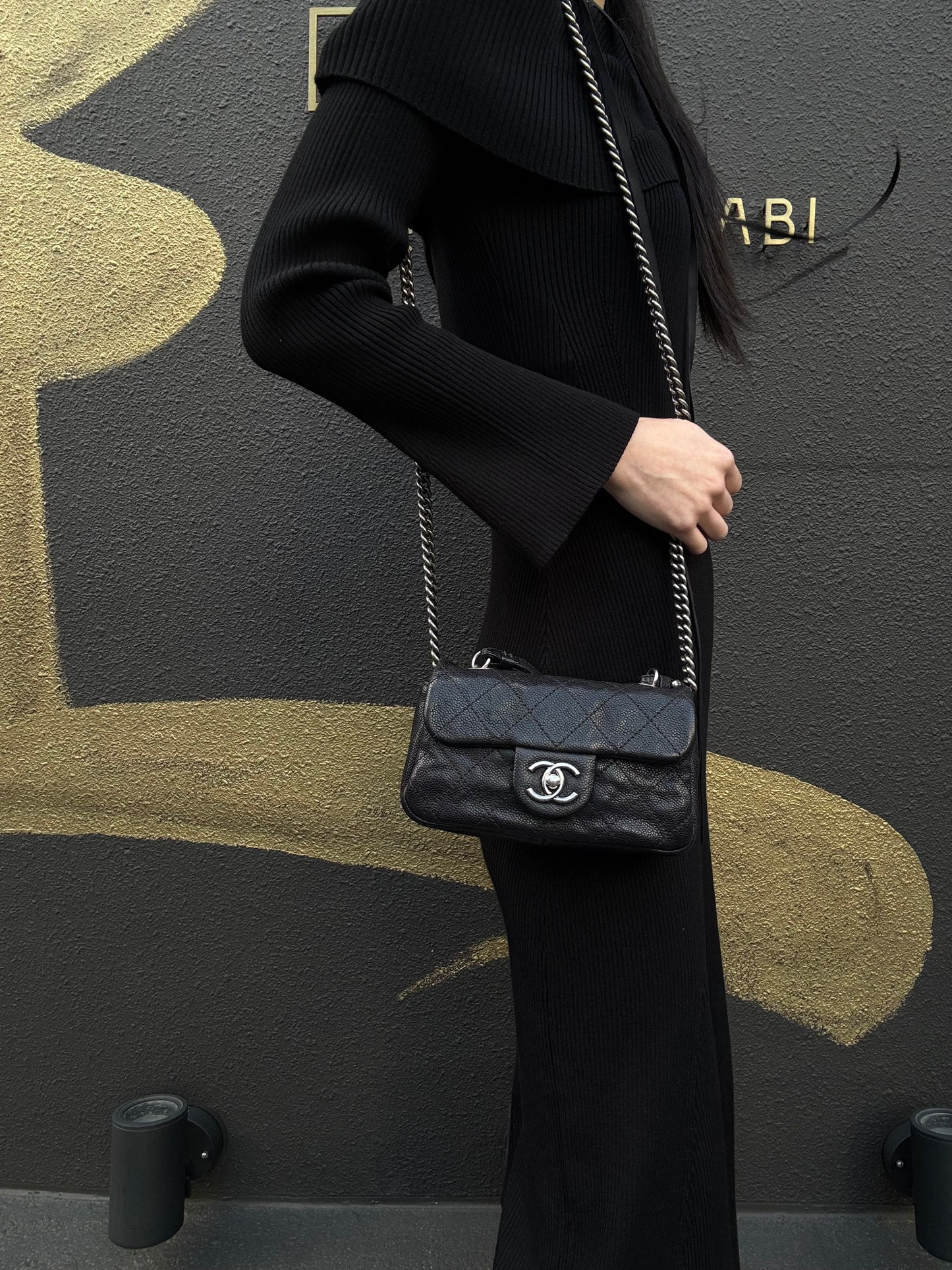 CHANEL Classic Flap (CF) Matelasse Shoulder Bag, Black Caviar Leather, Silver-Tone Hardware