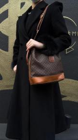 CELINE Macadam Drawstring Shoulder Bag, Brown, Gold Hardware, CELINE Monogram PVC Drawstring Bucket Shoulder Bag