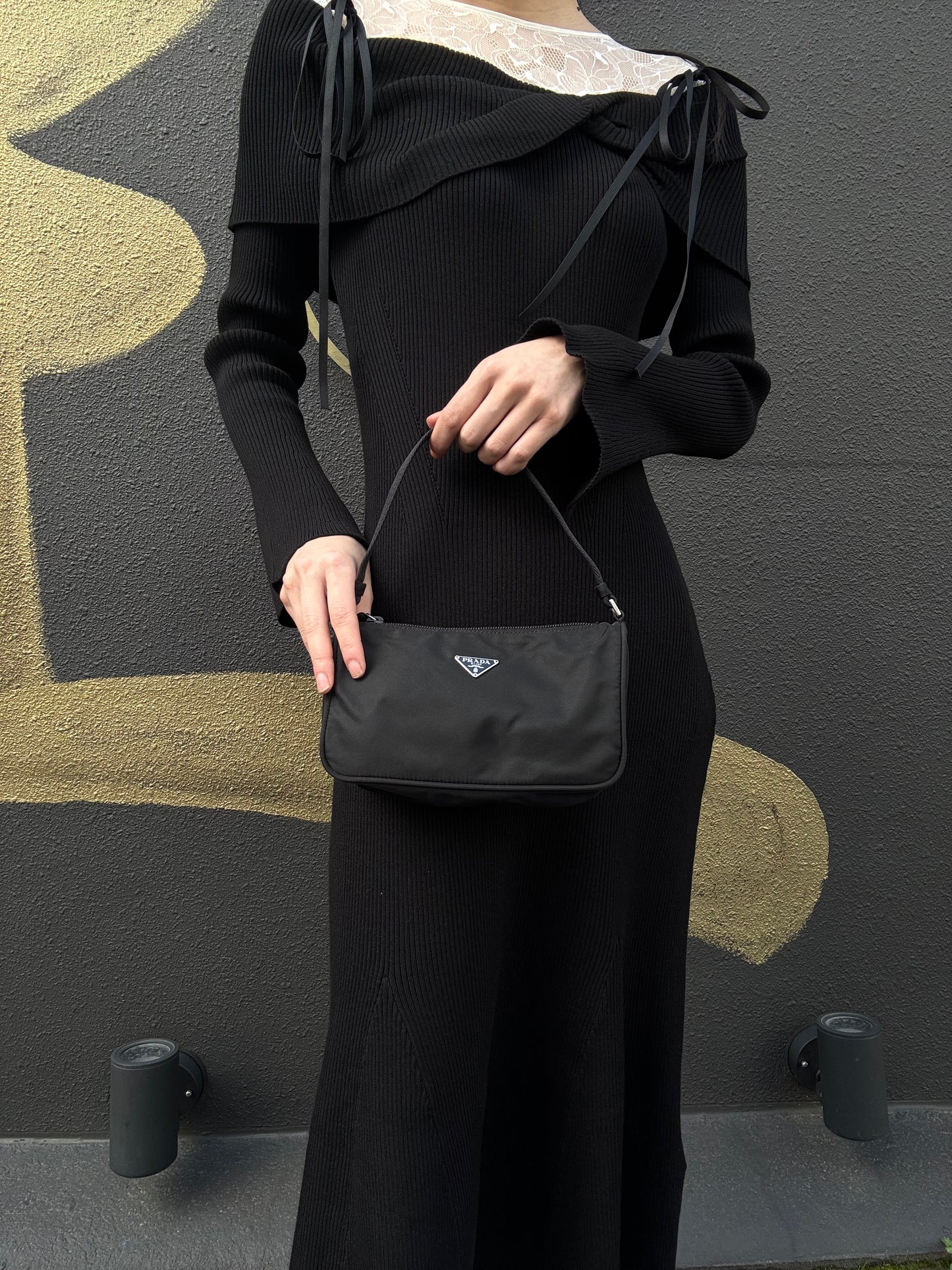 PRADA Handbag, Nylon Material, Black with Silver-Tone Hardware