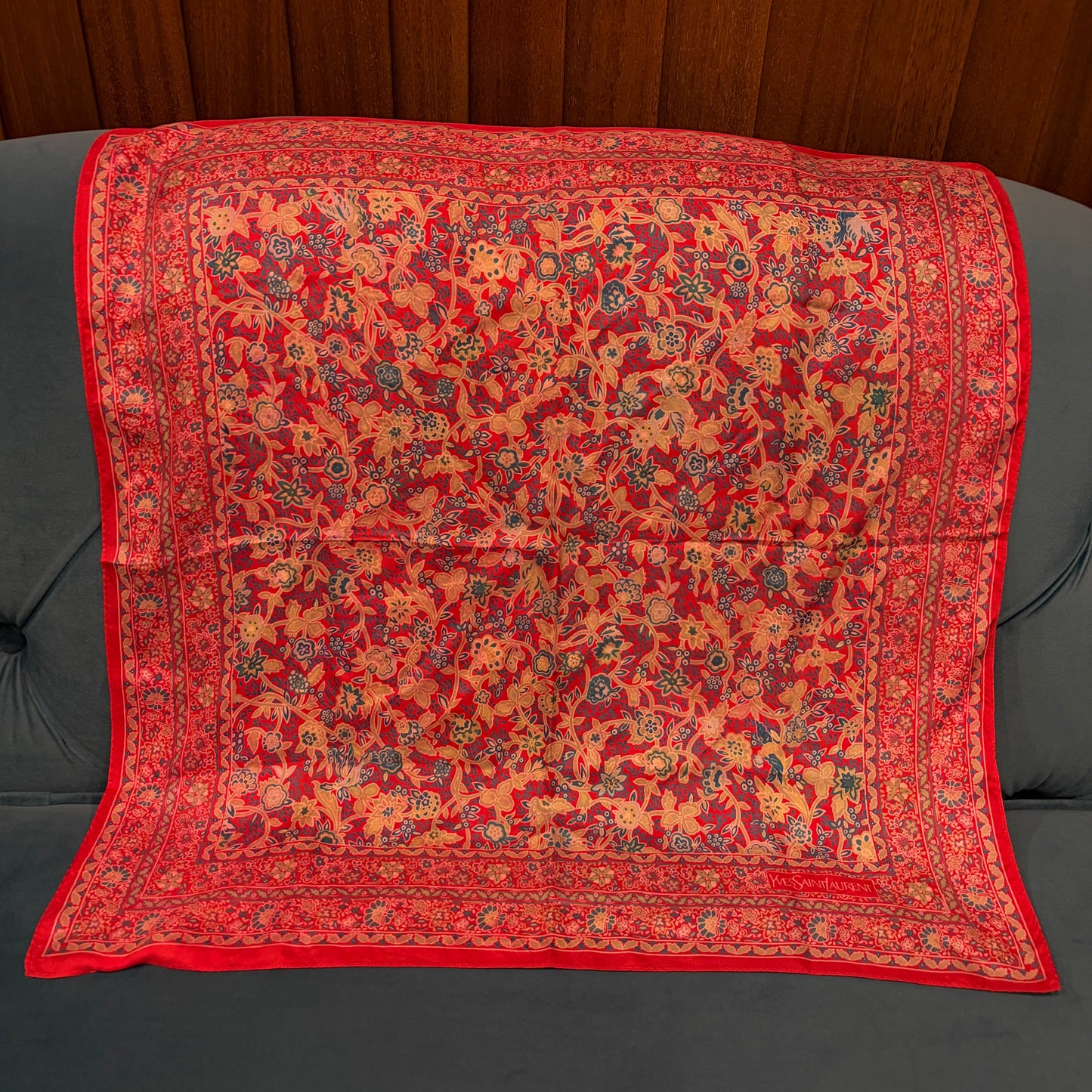 YSL Floral Print Silk Scarf Red/Multicolor