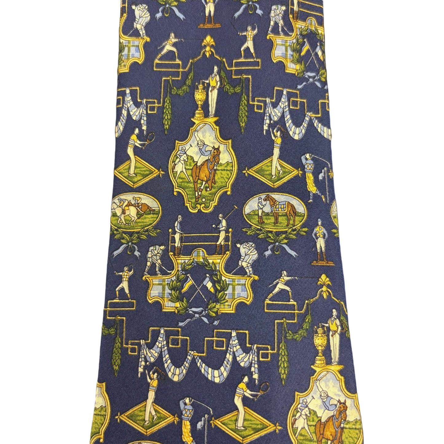 FERRAGAMO Equestrian Print Silk Tie Navy Multicolor