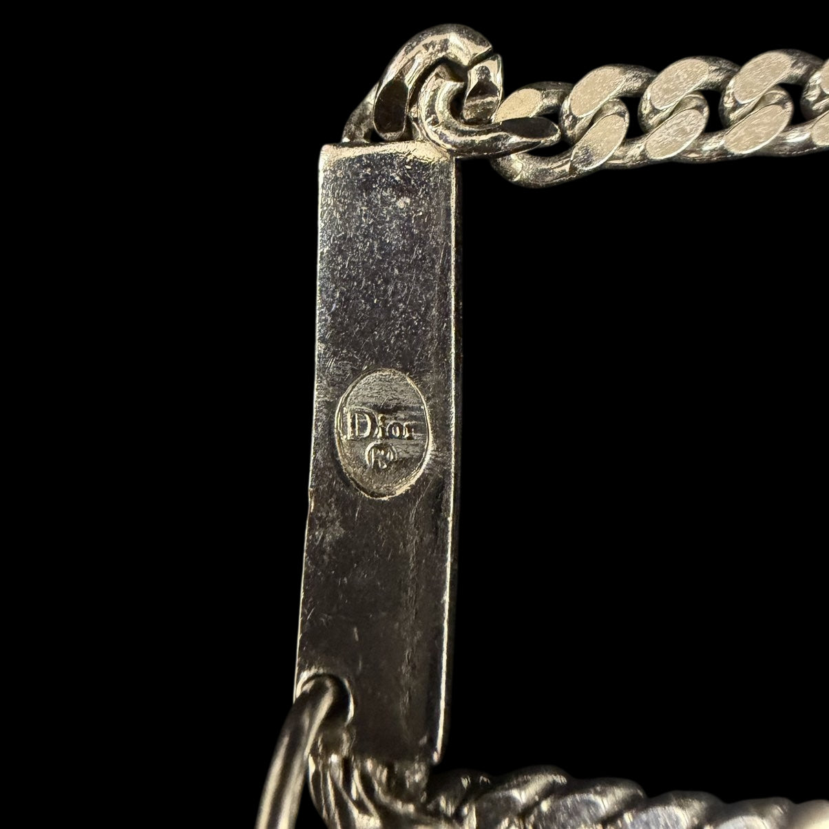 DIOR Silver Cuban Chain Embossed Logo Bar Necklace