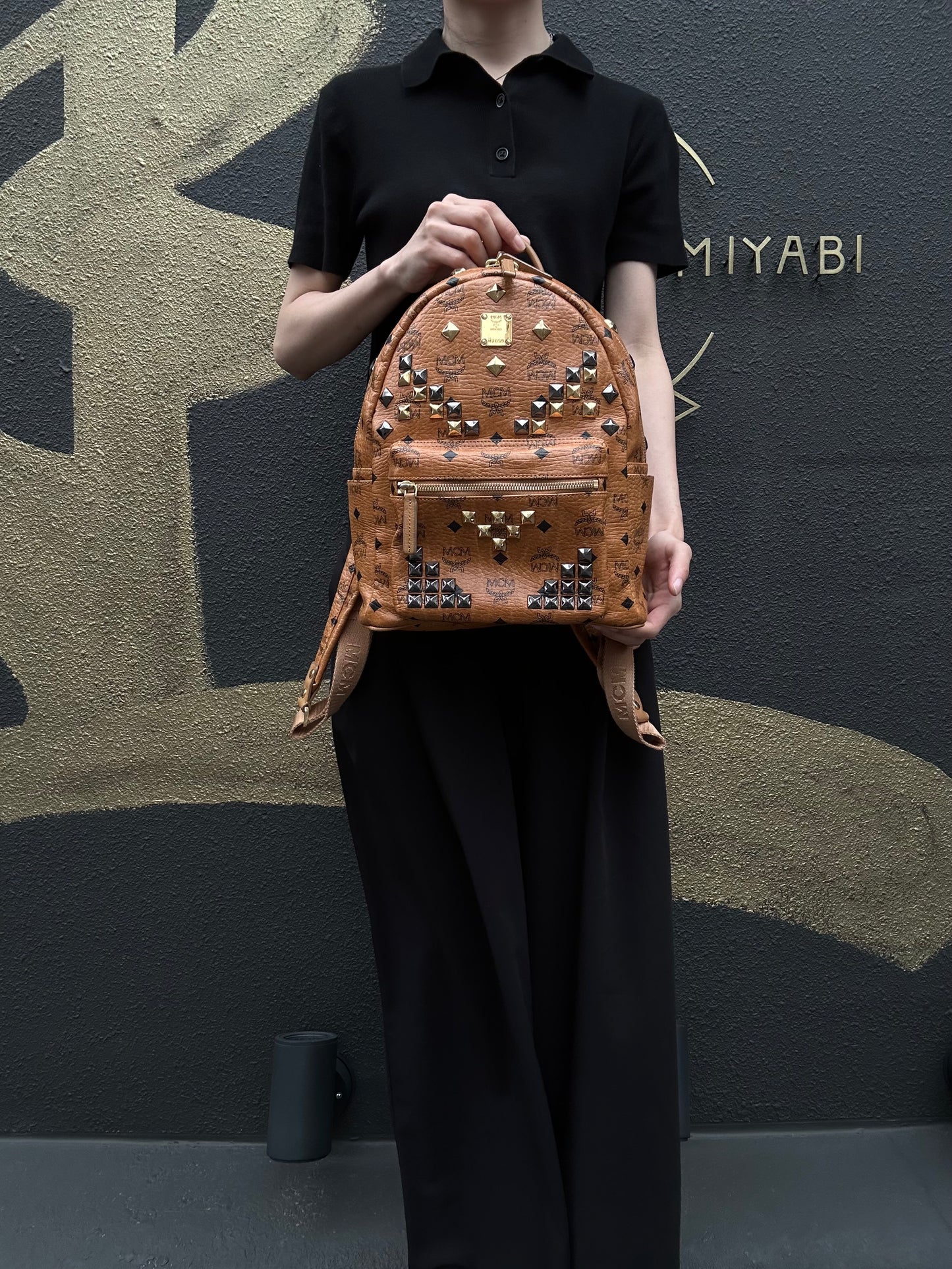 MCM Studded Visetos Backpack Brown PVC