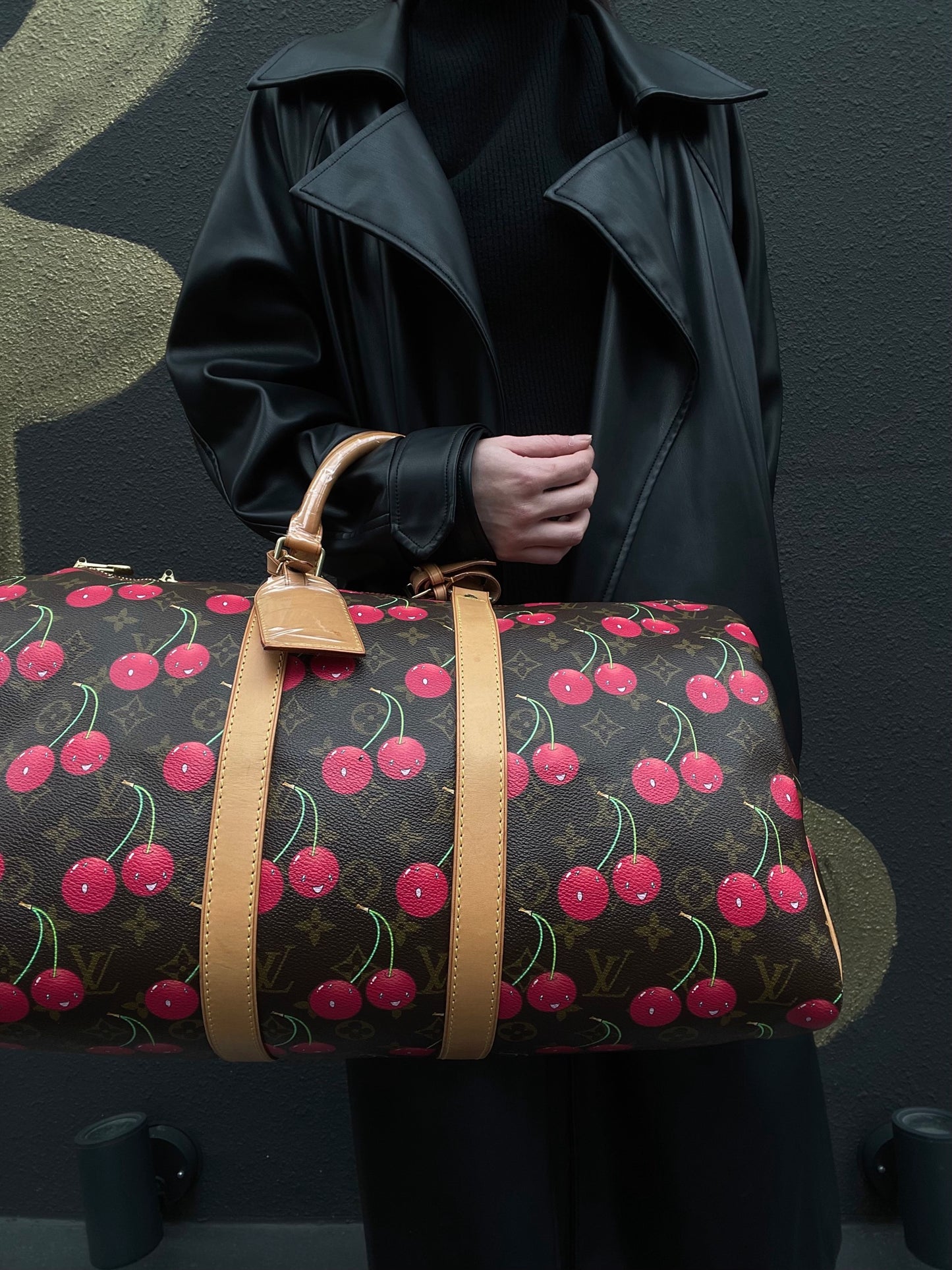 Louis Vuitton (LV) Monogram Cherry Keepall 45, Brown PVC, Limited Edition, Includes Name Tag, Luggage Strap & Boarding Pass Holder