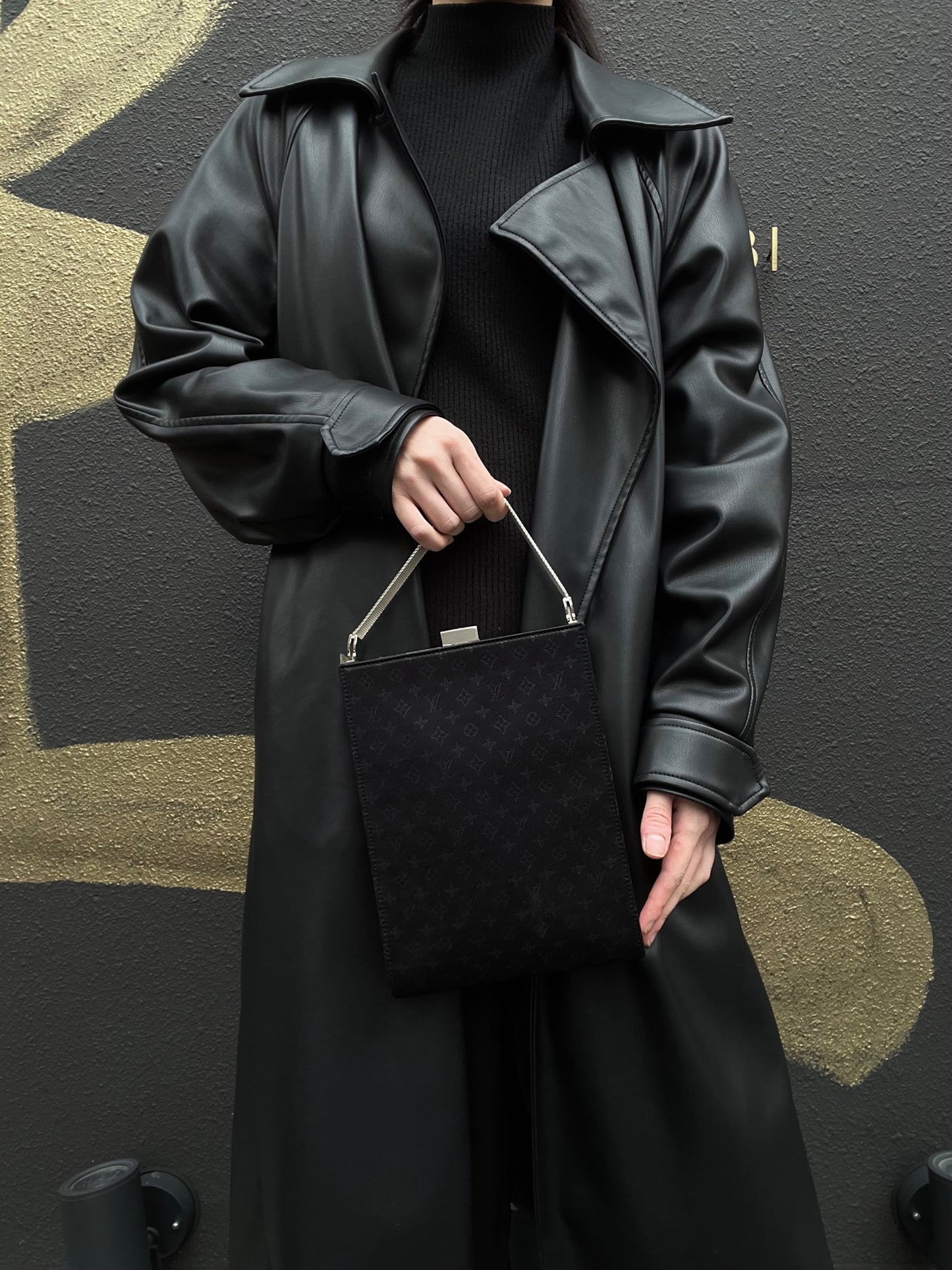 LOUIS VUITTON Ange GM Monogram Satin Handbag, Black, Silver Hardware