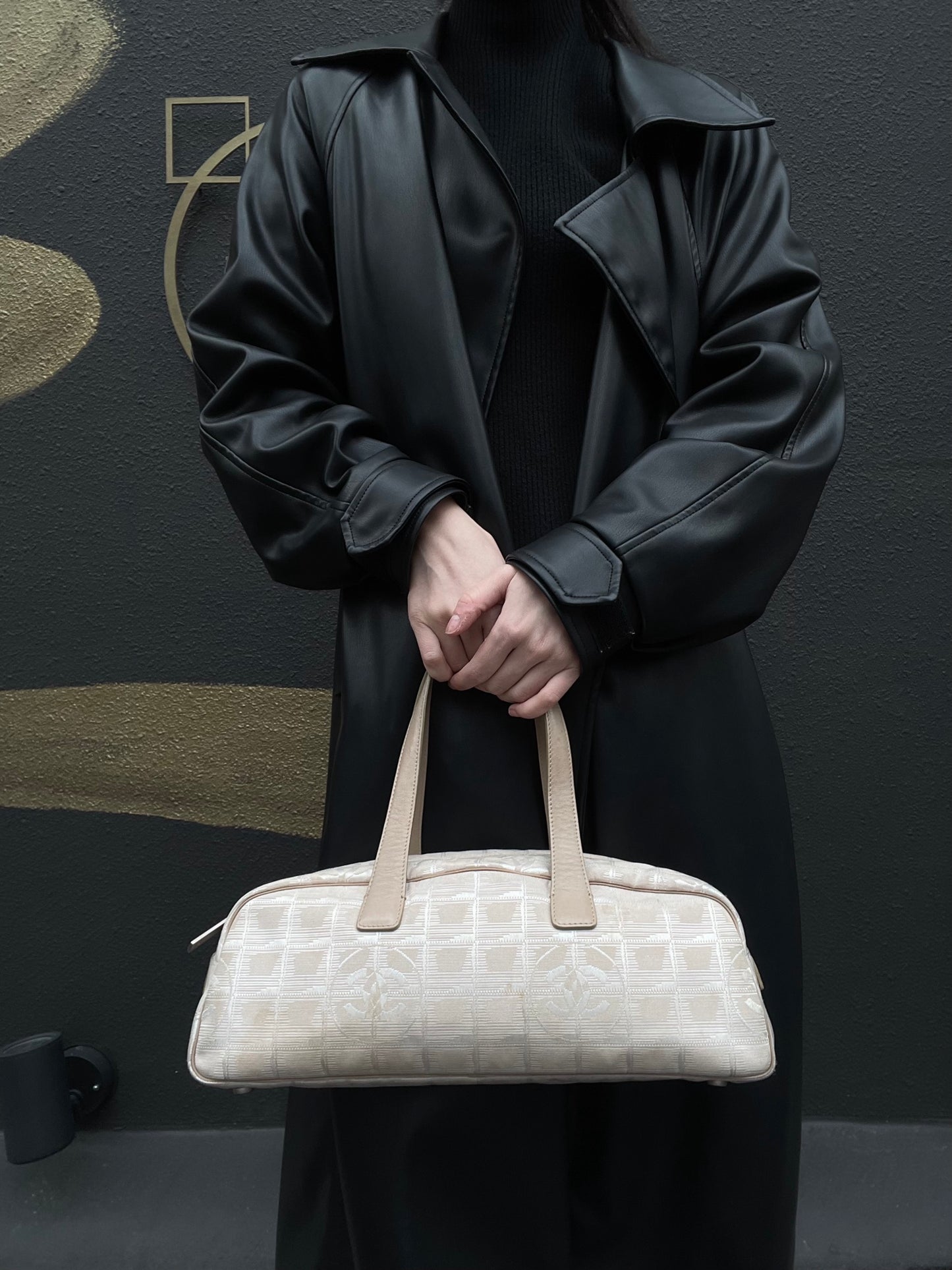 Chanel New Travel Boston Bag | Nude Pink Canvas Ice Cube Quilted Bowling Handbag, w/Guarantee Card