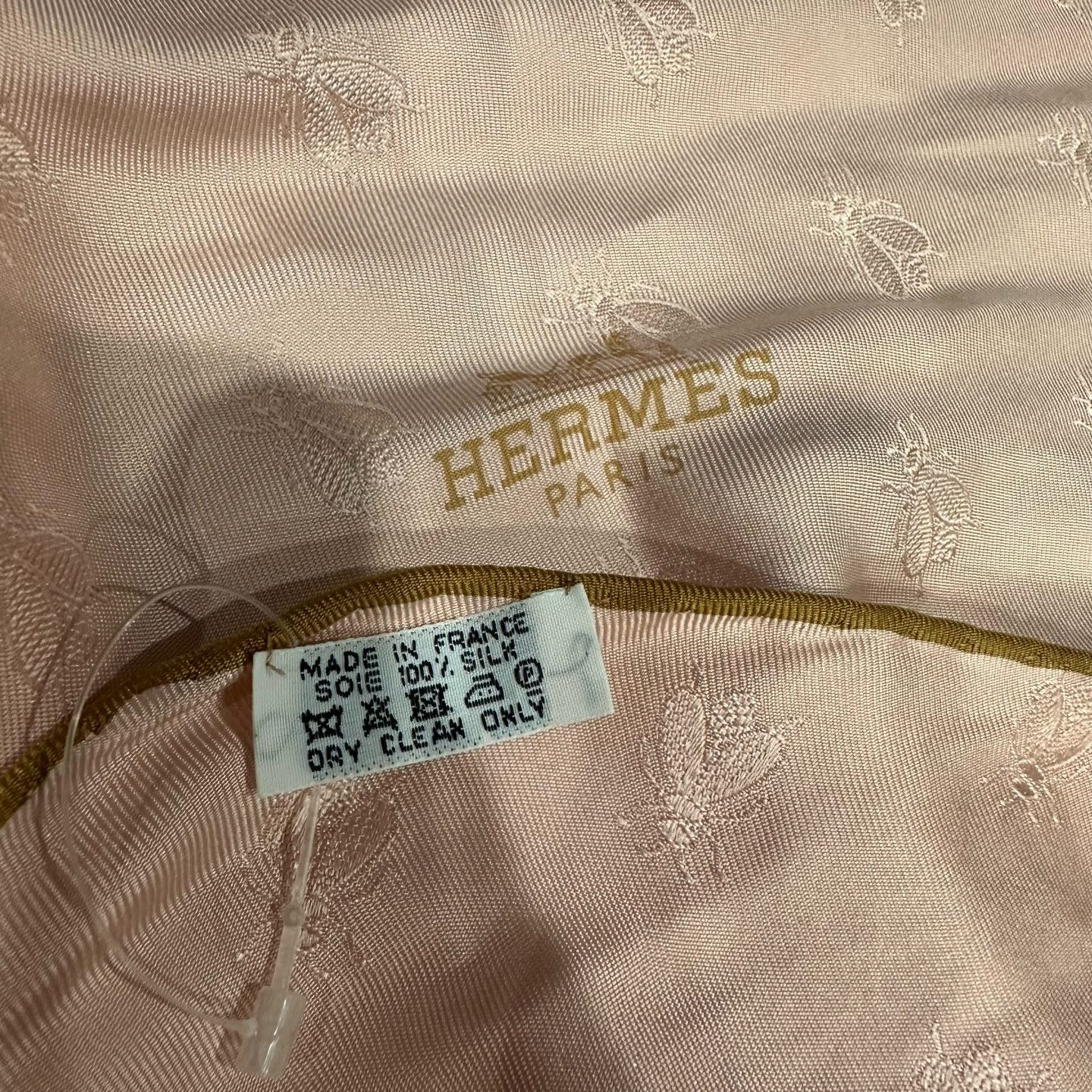 HERMES, Hermes, Scarf, With tag, Triangle, Pink, Bee, With box, Hermes pink triangular silk scarfe