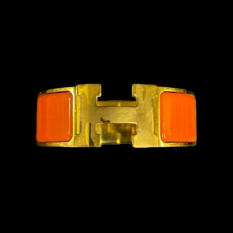 Hermes Orange H Gold Wide Enamel Bangle