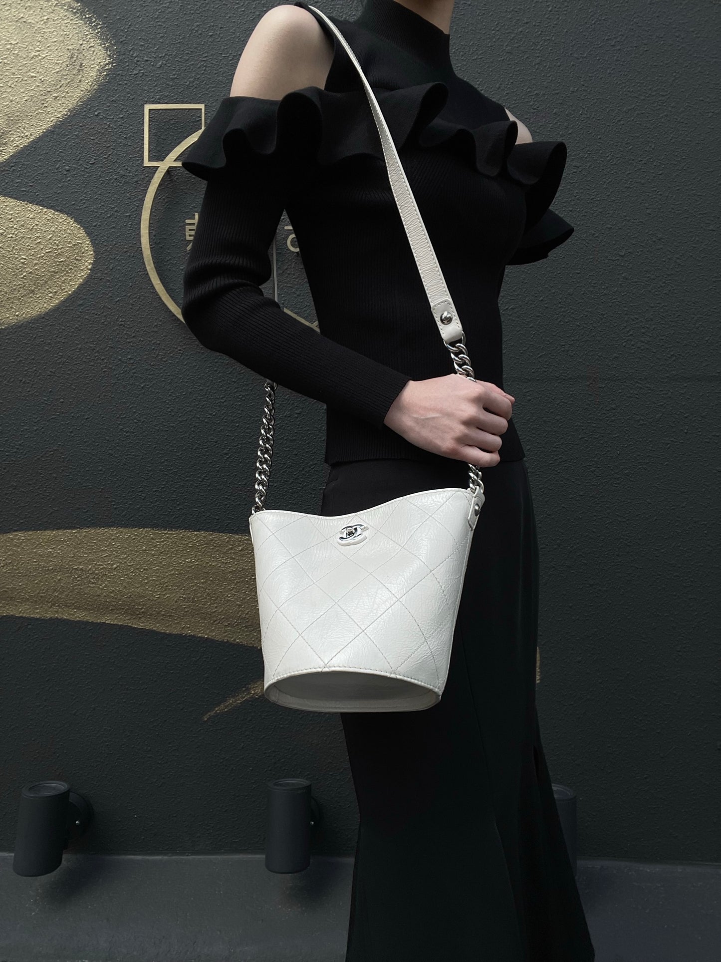 CHANEL White Caviar Leather Quilted Bucket Crossbody Bag with Silver Hardware