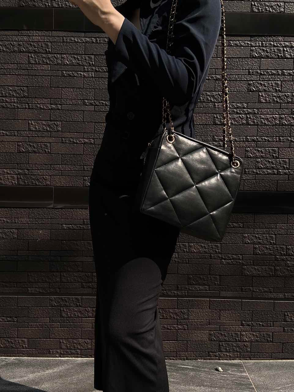 CHANEL Quilted Shoulder Bag, Lambskin, Black, Gold-Tone Hardware, With Guarantee Card