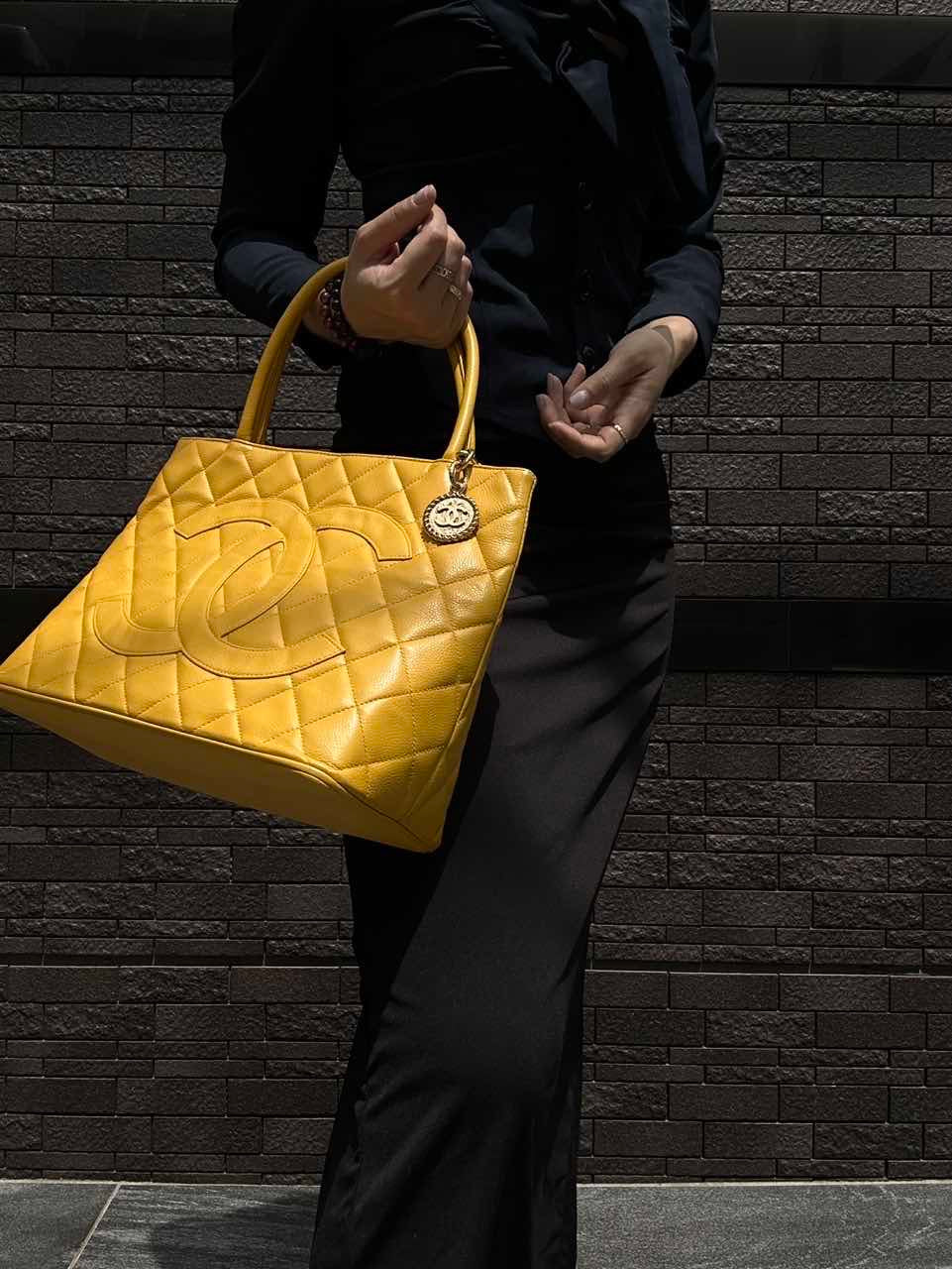 CHANEL Hilton Replica Tote Bag, Yellow Caviar Leather, Gold Hardware with Medallion