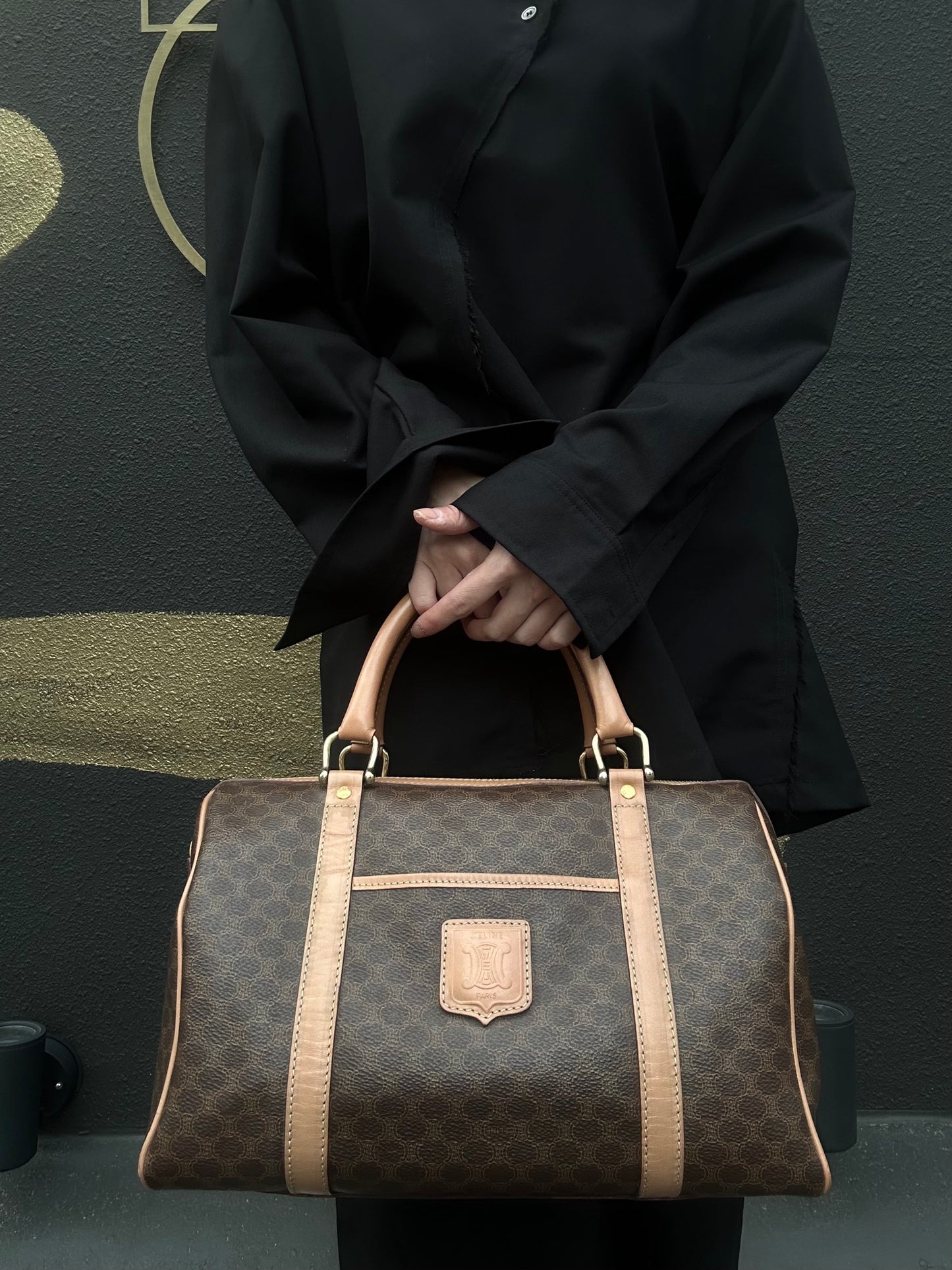 CELINE Macadam Monogram PVC Boston Handbag Brown with Gold Hardware