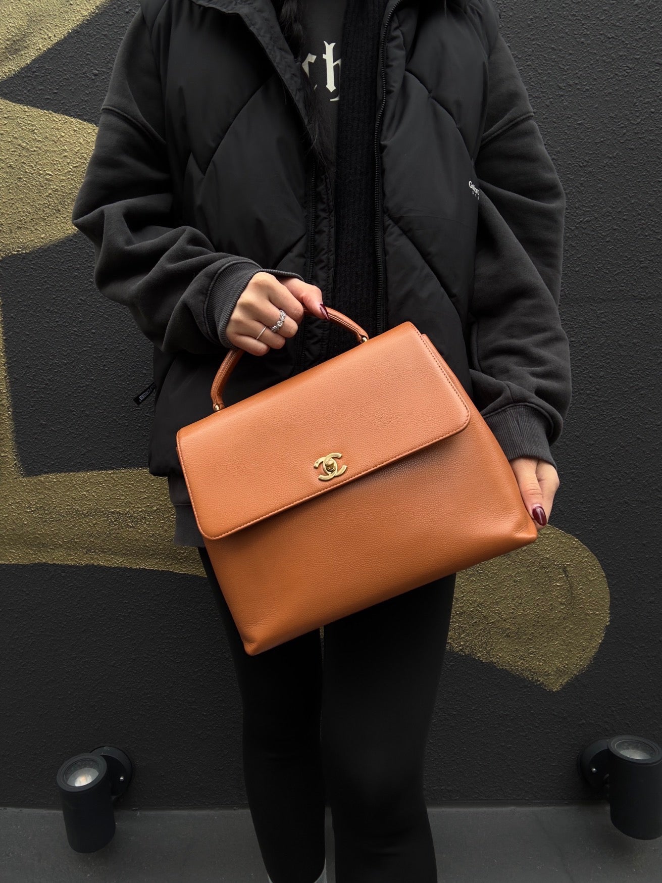 CHANEL Caviar Skin Top Handle Handbag, Brown with Gold Hardware, Orange Calfskin