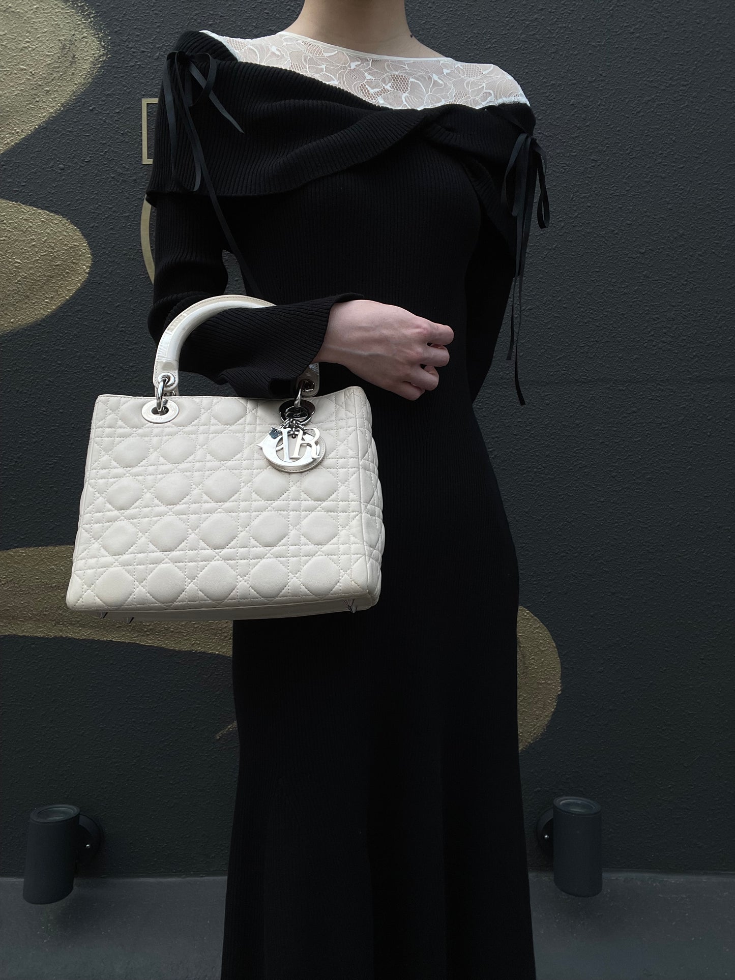 DIOR Cannage Lady Dior Handbag, Lambskin, White, Silver-Tone Hardware, White PVC, 5-Pocket Lady Dior Top Handle Bag