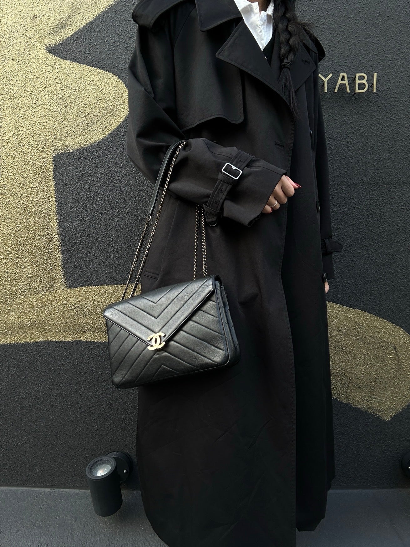 CHANEL Black Lambskin V-Stitch Flap Chain Crossbody Bag with Gold Hardware
